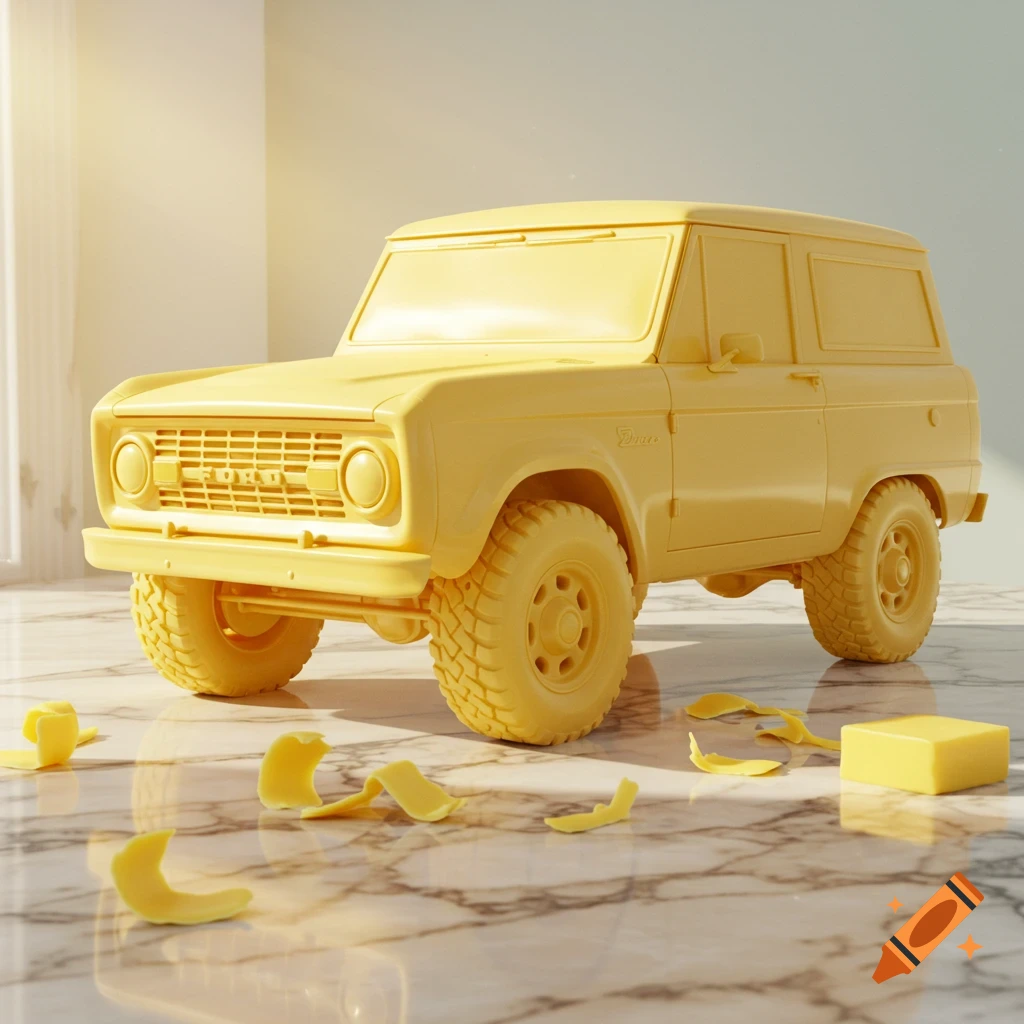 A yellow Ford Bronco, appearing to be sculpted from butter, sits on a marble floor amidst butter shavings. 3D render.