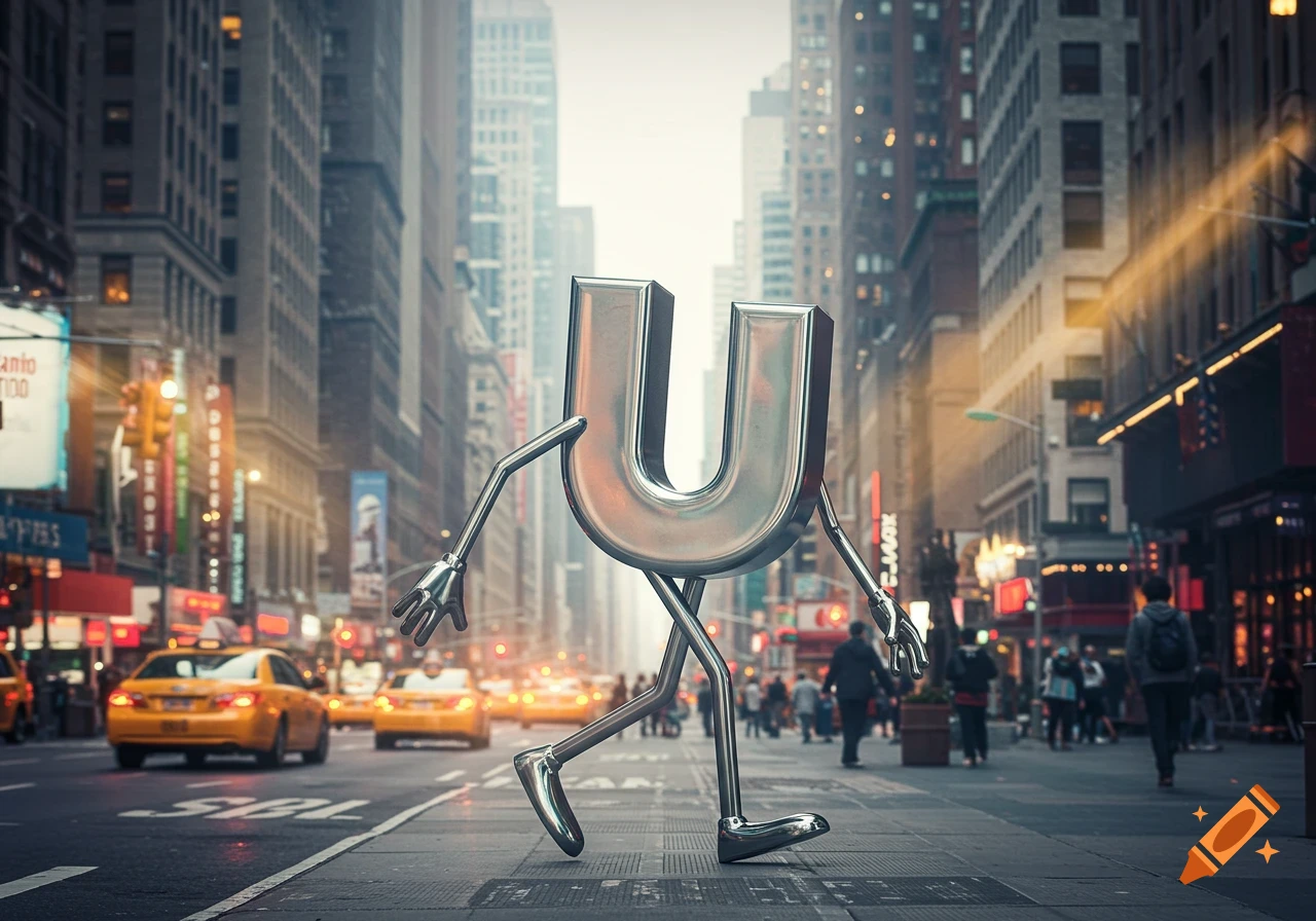 A silver, anthropomorphic letter U with arms and legs walks down a busy New York City street with yellow taxis.