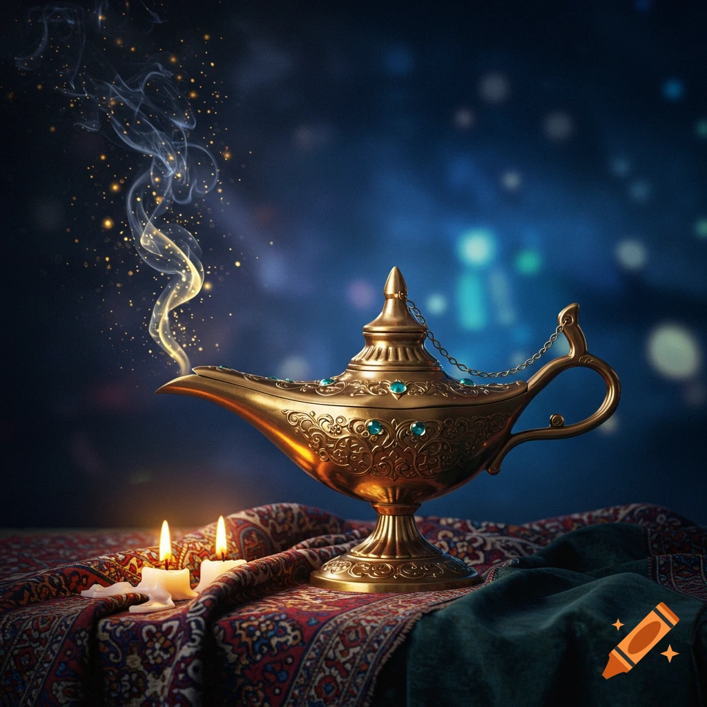 An ornate golden magic lamp with turquoise gems emits shimmering smoke and sparkles, next to two lit candles on a patterned rug.
