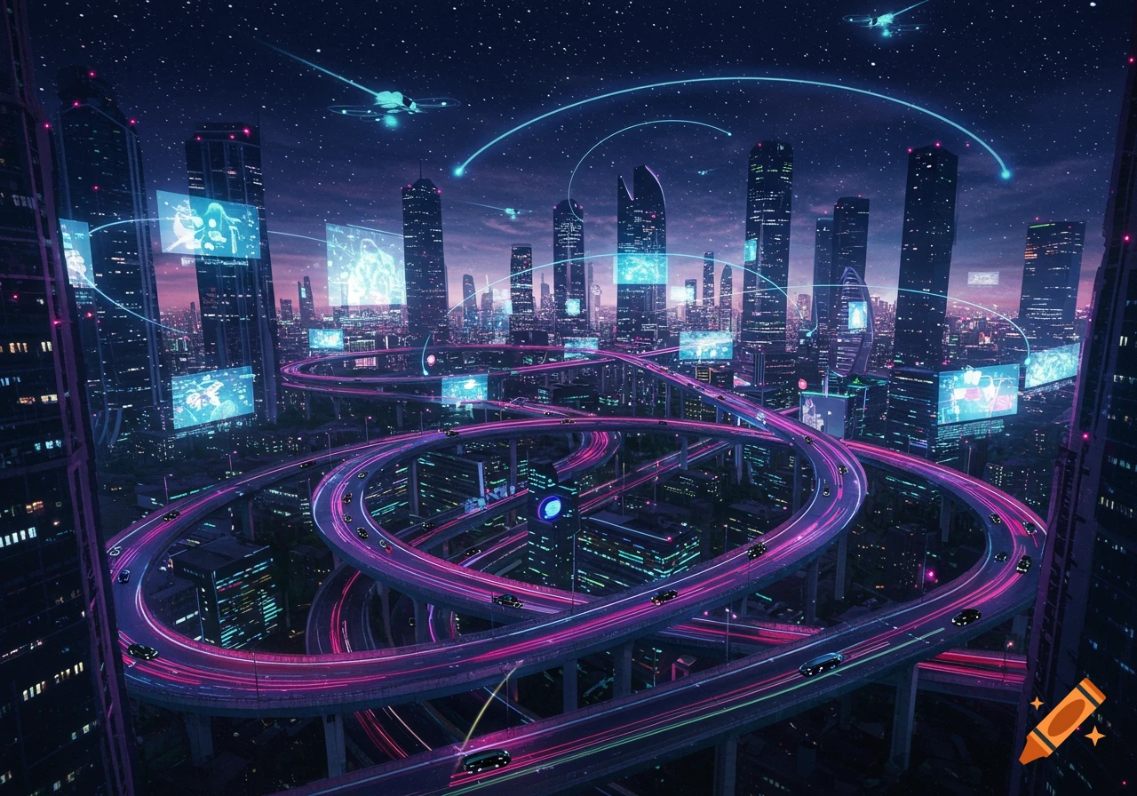 A sprawling futuristic city at night with neon-lit highways, tall skyscrapers, and flying vehicles under a starry sky.