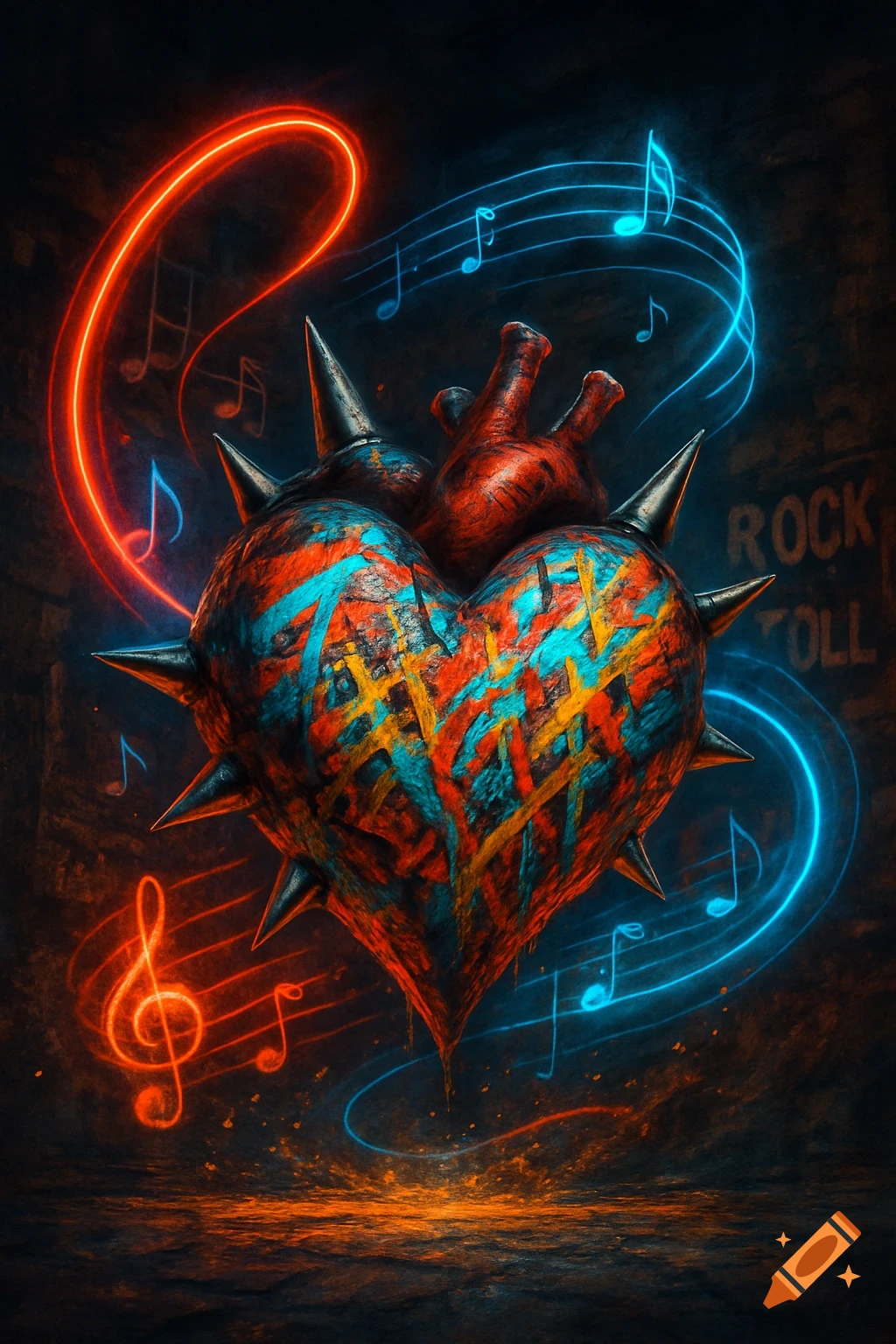 A spiky, colorful heart covered in blue and orange paint strokes, surrounded by glowing red and blue neon lines and musical notes. The background features subtle "ROCK N ROLL" text.