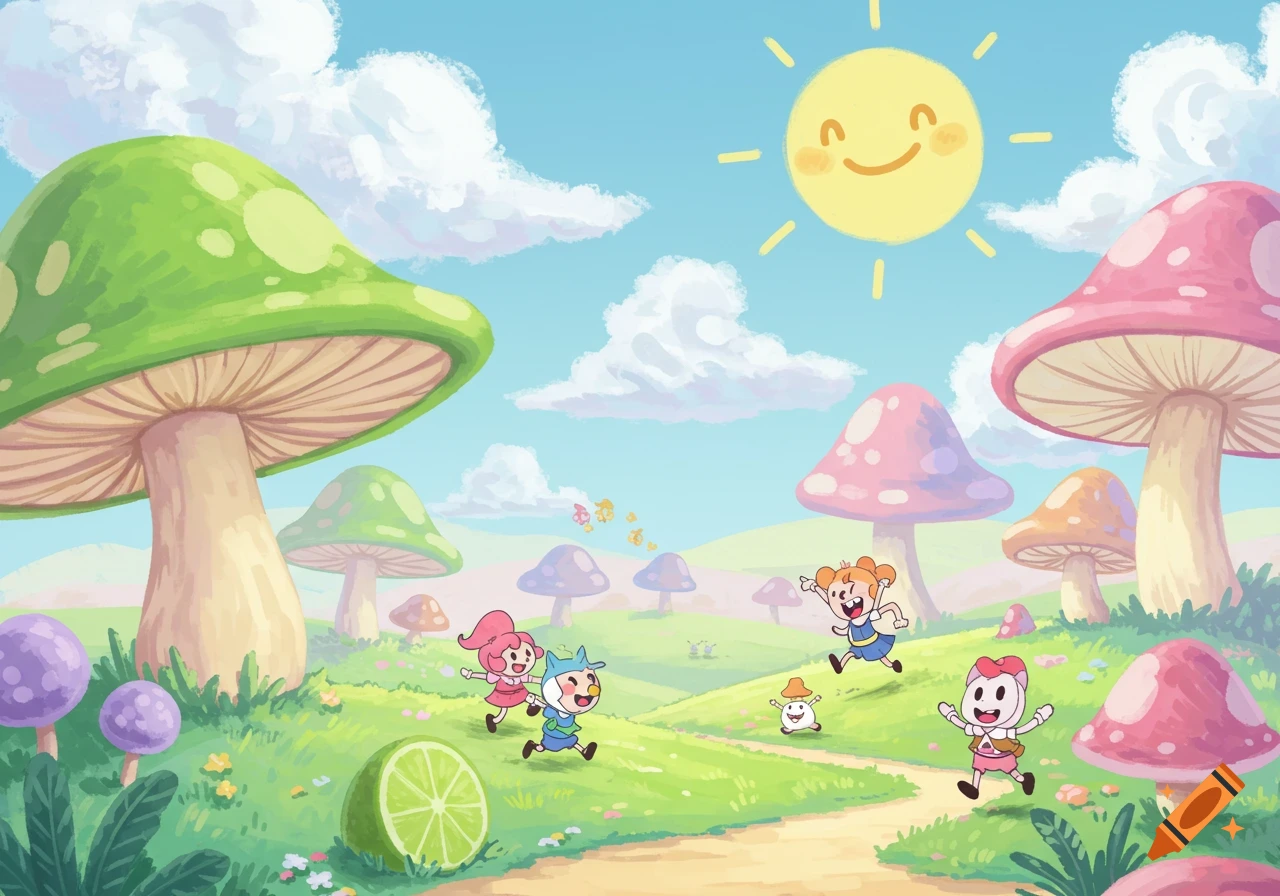 Whimsical cartoon landscape with happy characters running on a path among giant colorful mushrooms, under a smiling sun.