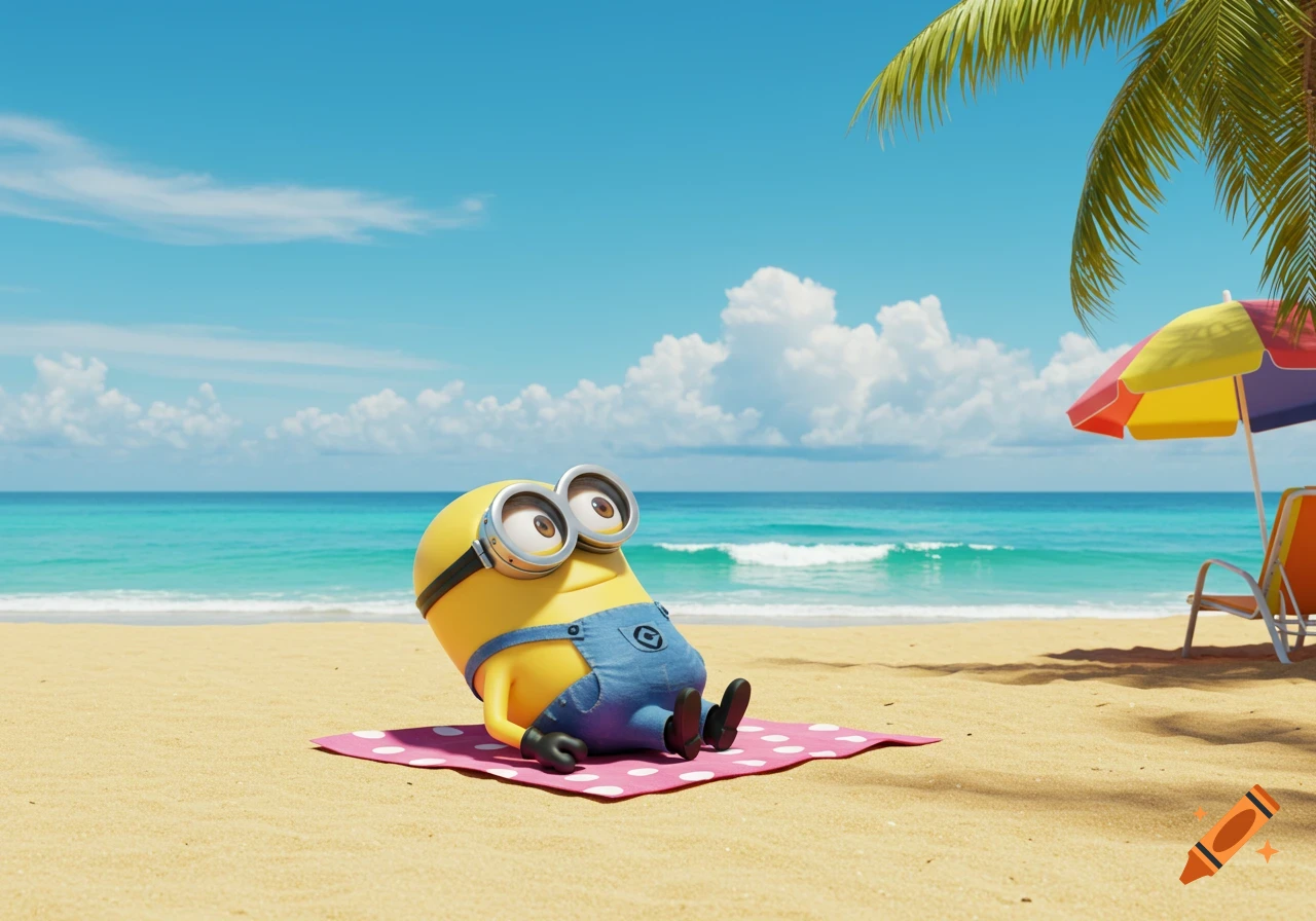 A Minion cartoon character in blue overalls and goggles sits on a pink polka-dot towel on a sandy beach, looking out at the turquoise ocean under a blue sky.