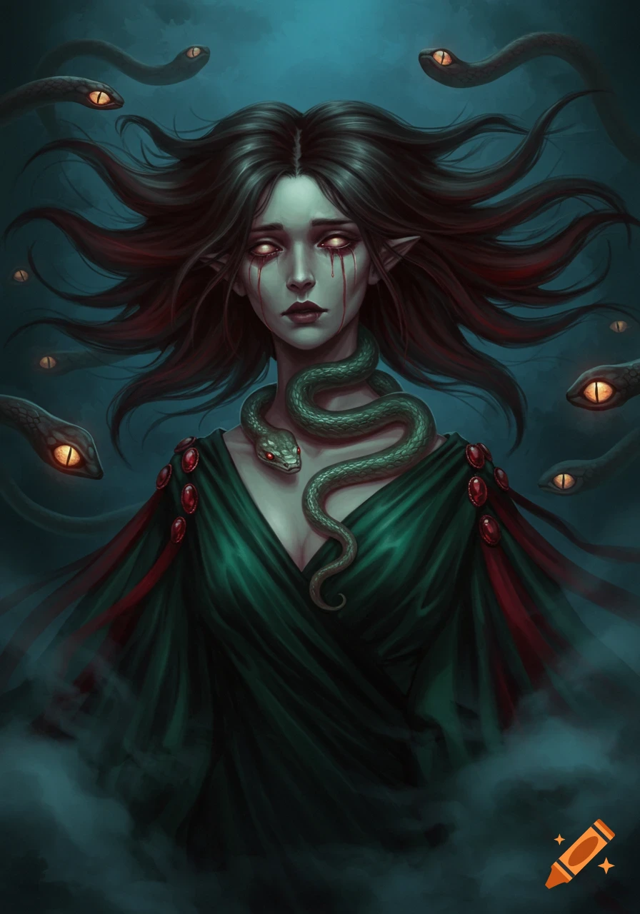 Dark fantasy art of a pale woman with pointed ears, blood tears, and a snake around her neck, surrounded by floating snake heads.
