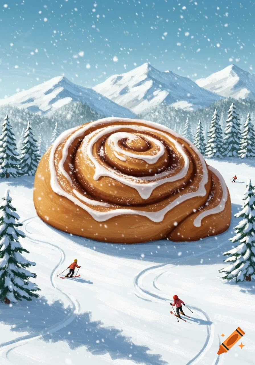 A giant frosted cinnamon bun sits on a snowy ski slope with tiny skiers, pine trees, and snow-capped mountains.