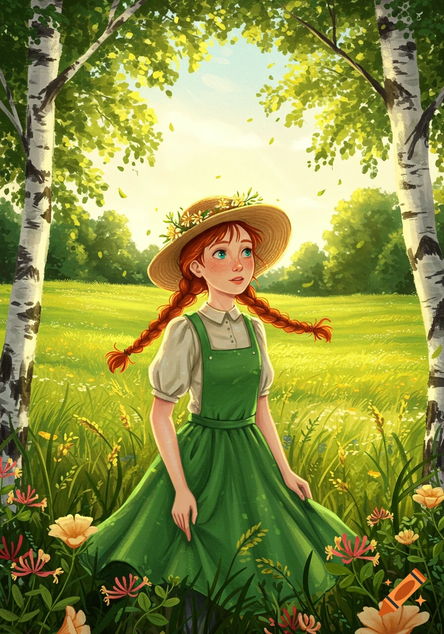 An illustration of a red-haired girl with braids and a straw hat, wearing a green dress, standing in a vibrant green field framed by trees, looking upwards.