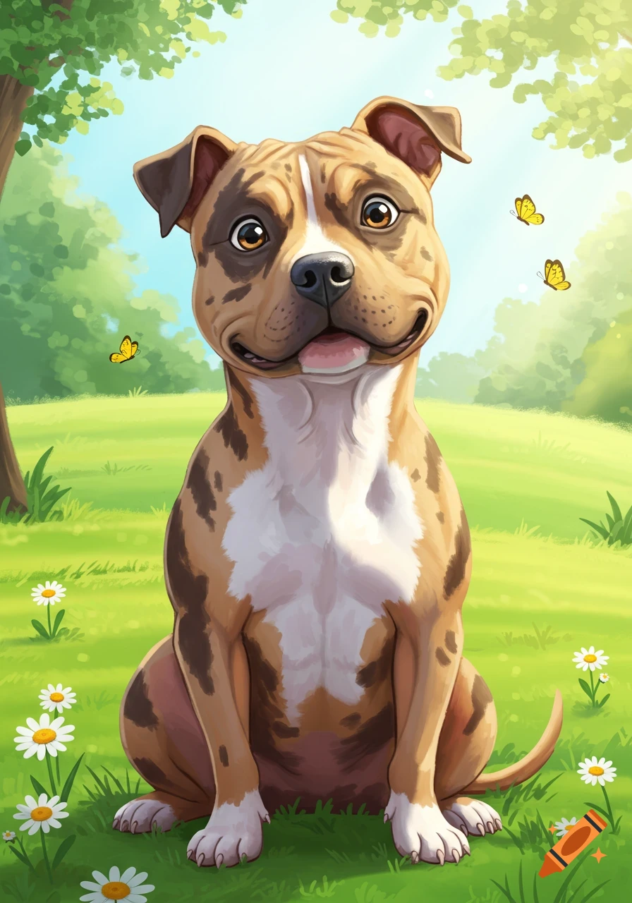 A happy tan and brown speckled cartoon pitbull with a white chest sits in a grassy park with daisies and butterflies.
