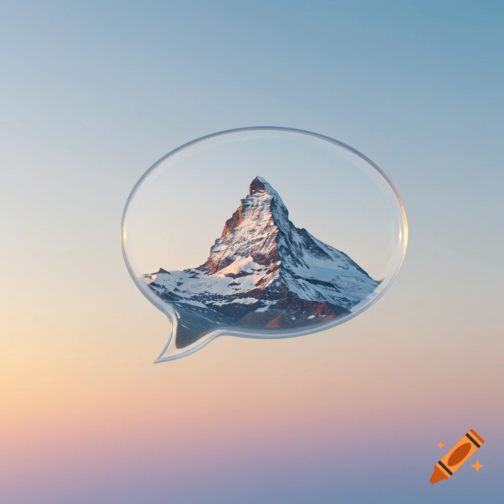 A snow-capped mountain peak bathed in golden light, enclosed within a transparent speech bubble against a soft gradient sky.