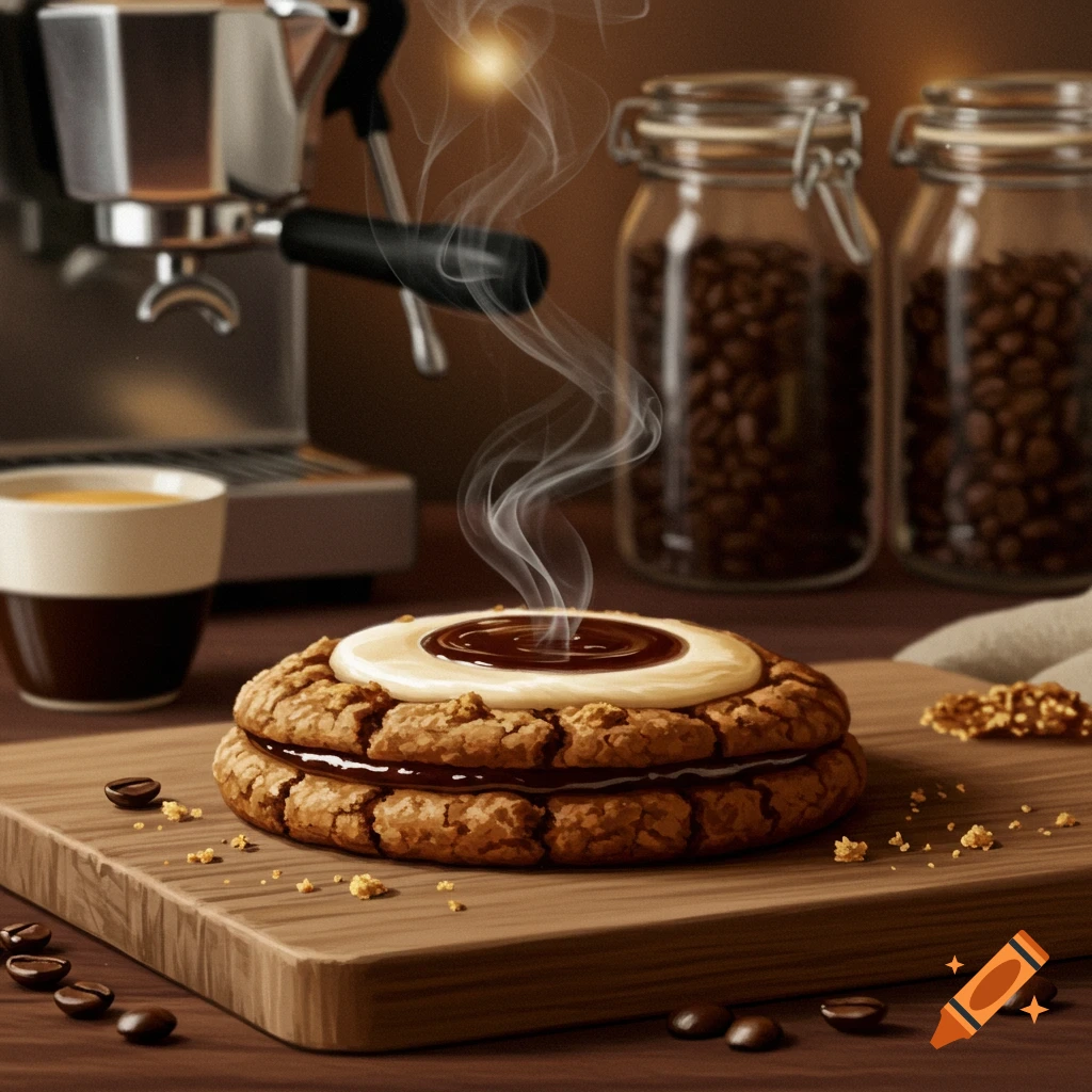 A steaming espresso cookie sandwich on a wooden board with scattered coffee beans, an espresso machine, and jars of coffee beans in the background.