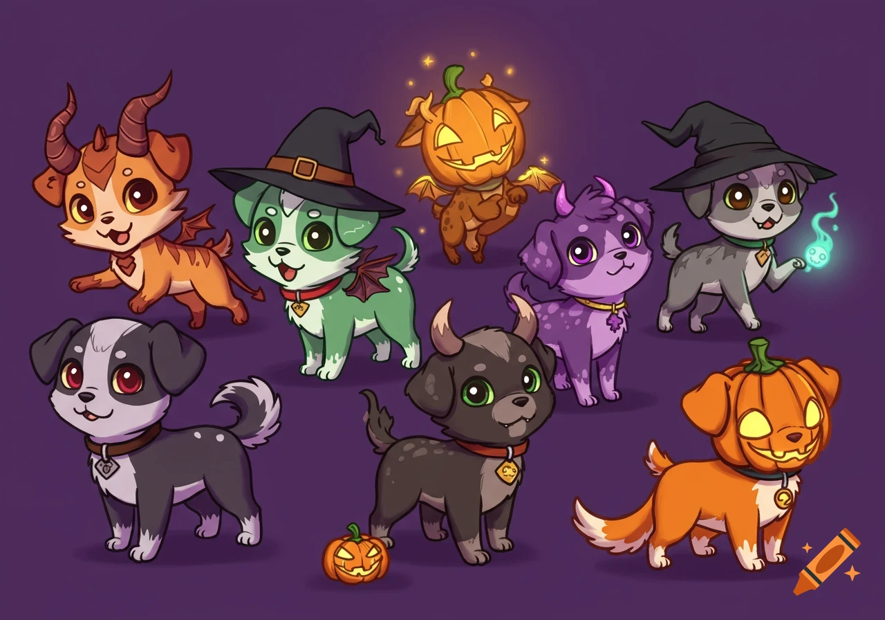 Cartoon illustration of eight cute puppies dressed in various Halloween monster costumes like witches, devils, and pumpkins on a purple background.