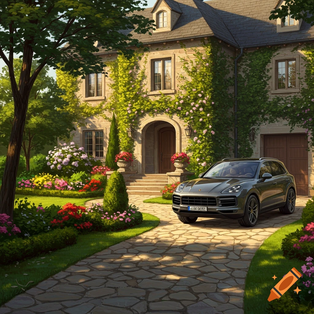 A digital painting of a grand house covered in ivy and flowers, with a stone driveway leading to a dark grey Porsche Cayenne parked in front, surrounded by a lush garden.