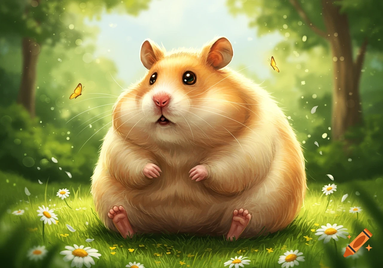 A fluffy, very fat hamster sits in a vibrant green field with white daisies and floating butterflies, in a digital art style.