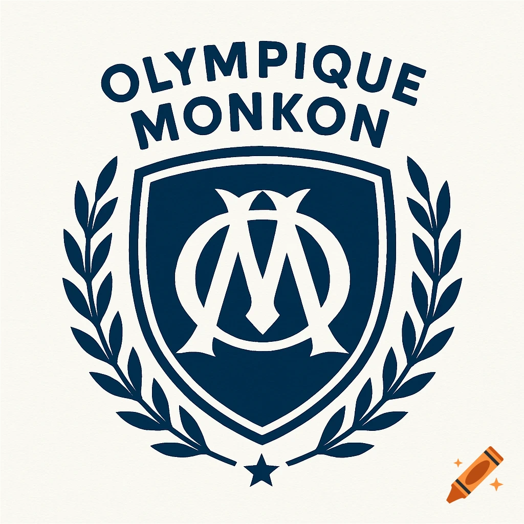 A dark blue and white stylized football club logo for 'Olympique Monkon' with intertwined 'OM' initials inside a shield, flanked by laurel wreaths and a star.