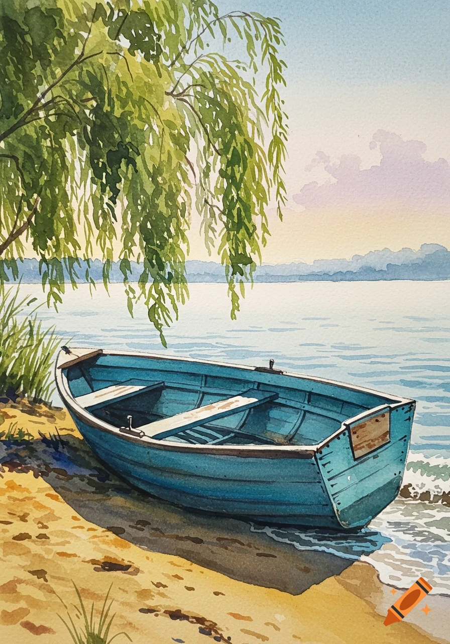 Watercolor painting of a blue rowing boat on a sandy shore under a weeping willow tree by a calm lake.