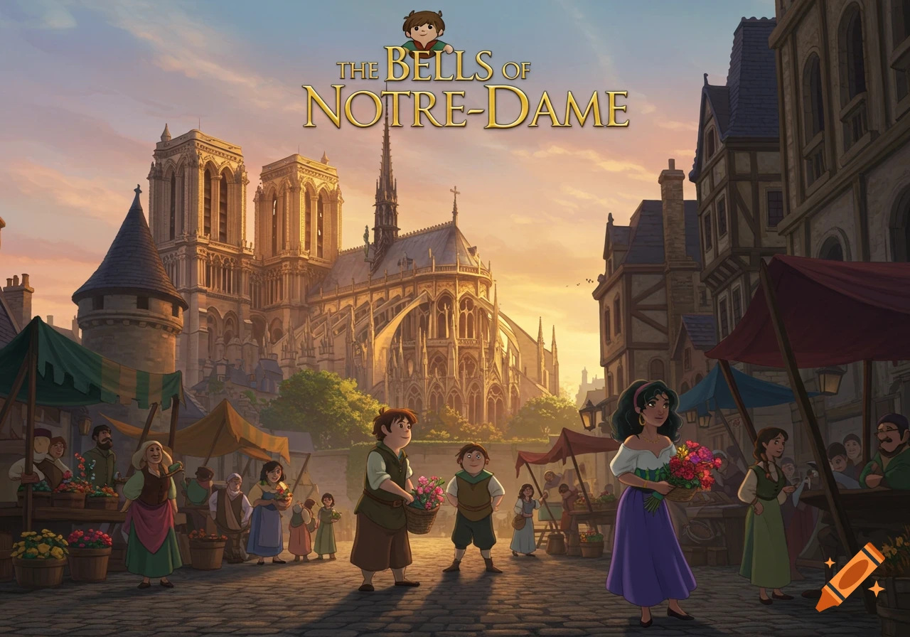 Animated poster for 'The Bells of Notre-Dame' depicting a bustling medieval market square with villagers, Esmeralda, and the Notre-Dame Cathedral at sunset.