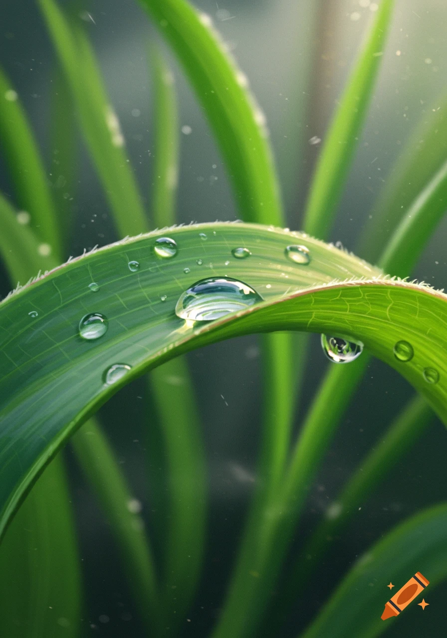 Close-up of a vibrant green leaf with multiple clear water droplets reflecting light, set against a soft, blurred green background.