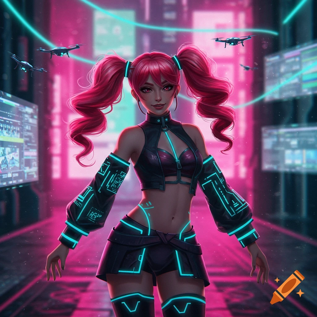 An anime girl with bright pink pigtails and a futuristic black and neon blue outfit stands in a cyberpunk city with drones flying overhead.