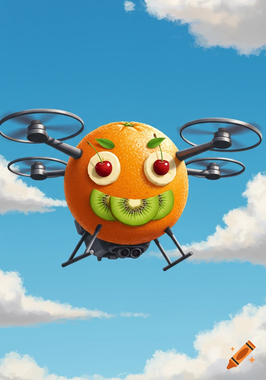 A whimsical drone resembling an orange with a face made of banana slices, cherries, and kiwi, flying in a bright blue sky with white clouds.