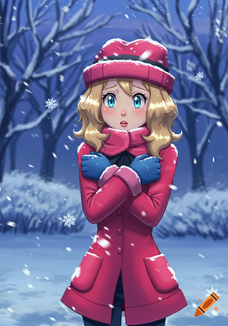 Anime illustration of Serena from Pokemon in a red coat, hat, and blue gloves, hugging herself in a snowy forest, looking cold.