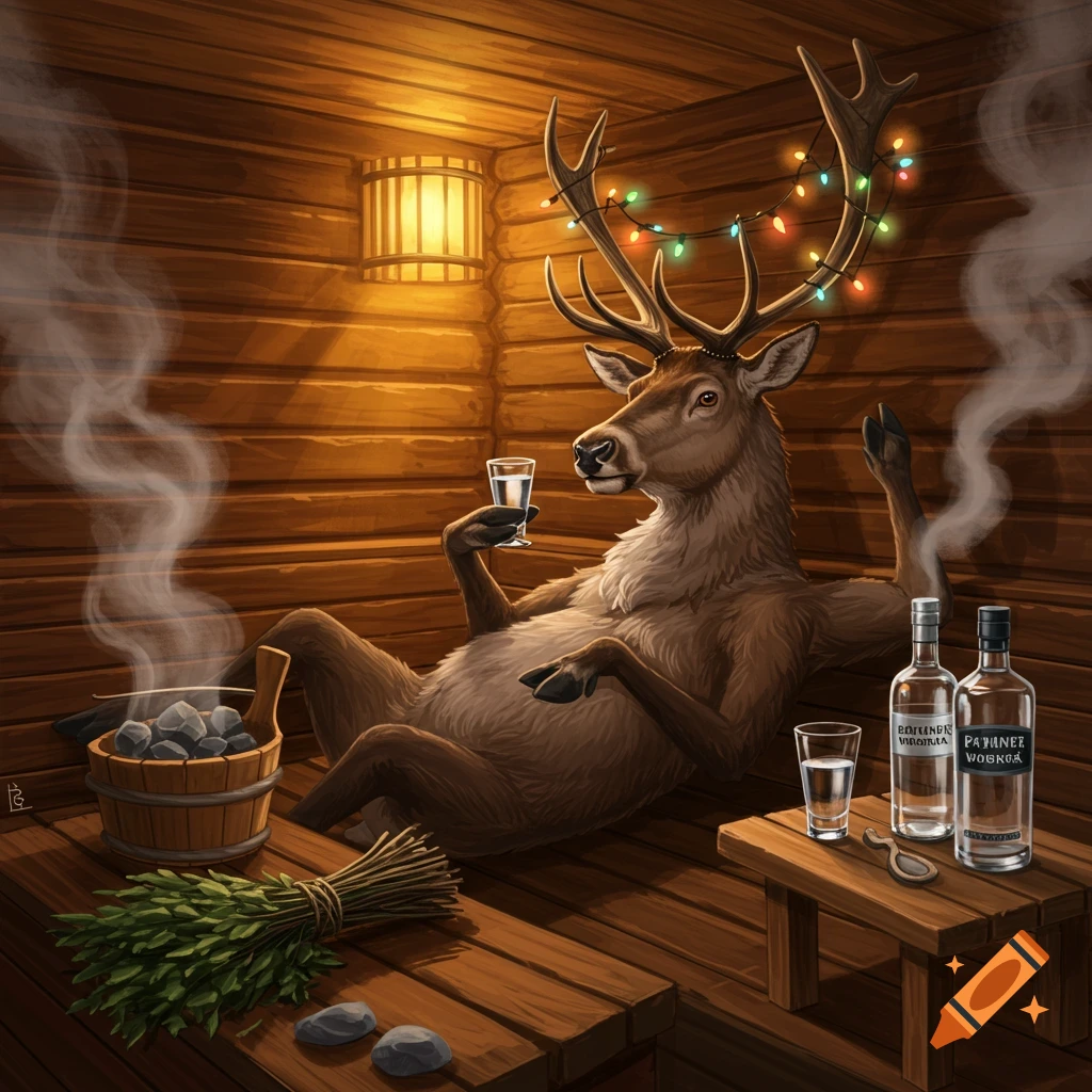 A humorous illustration of a reindeer with festive lights on its antlers relaxing in a wooden sauna with a drink and vodka.