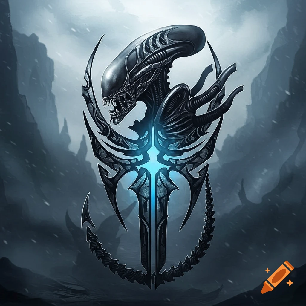 Stylized dark Xenomorph sigil with a glowing blue center against a snowy, mountainous sci-fi landscape.