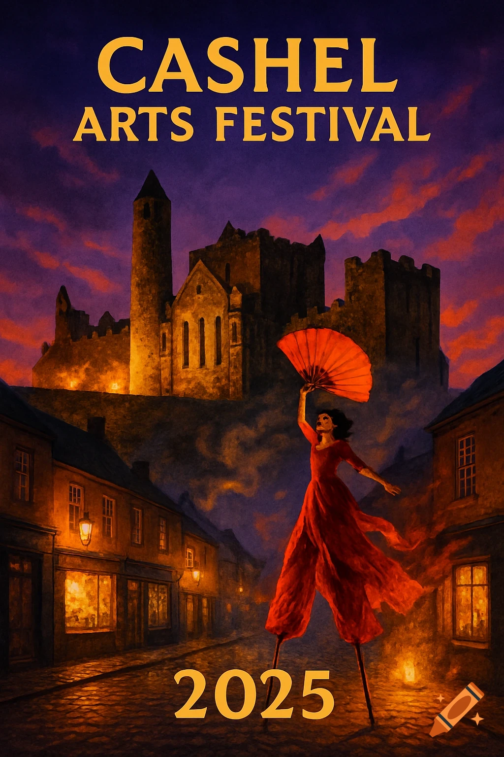 A vibrant poster for the Cashel Arts Festival 2025, featuring a woman on stilts with a red fan in front of a castle at sunset.