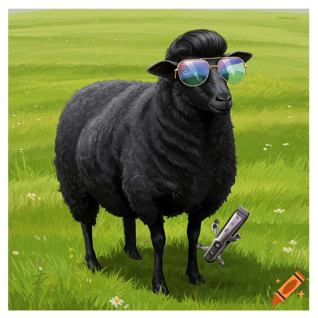 A black sheep with a pompadour haircut and aviator sunglasses stands in a green field with anthropomorphic barber clippers.