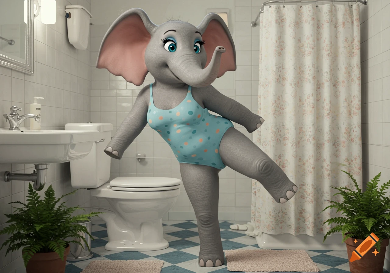 A cartoon anthropomorphic elephant in a blue polka-dot swimsuit stands on one leg in a bathroom.
