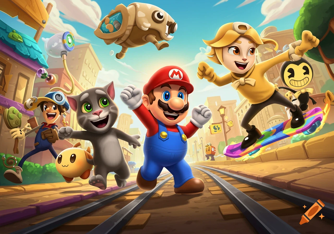 Mario, Talking Tom, a Subway Surfers character, and Bendy run on train tracks in a vibrant cartoon city scene.