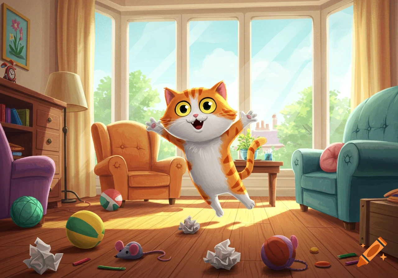 A cheerful orange and white cartoon cat jumps playfully in a brightly lit living room filled with toys and furniture.