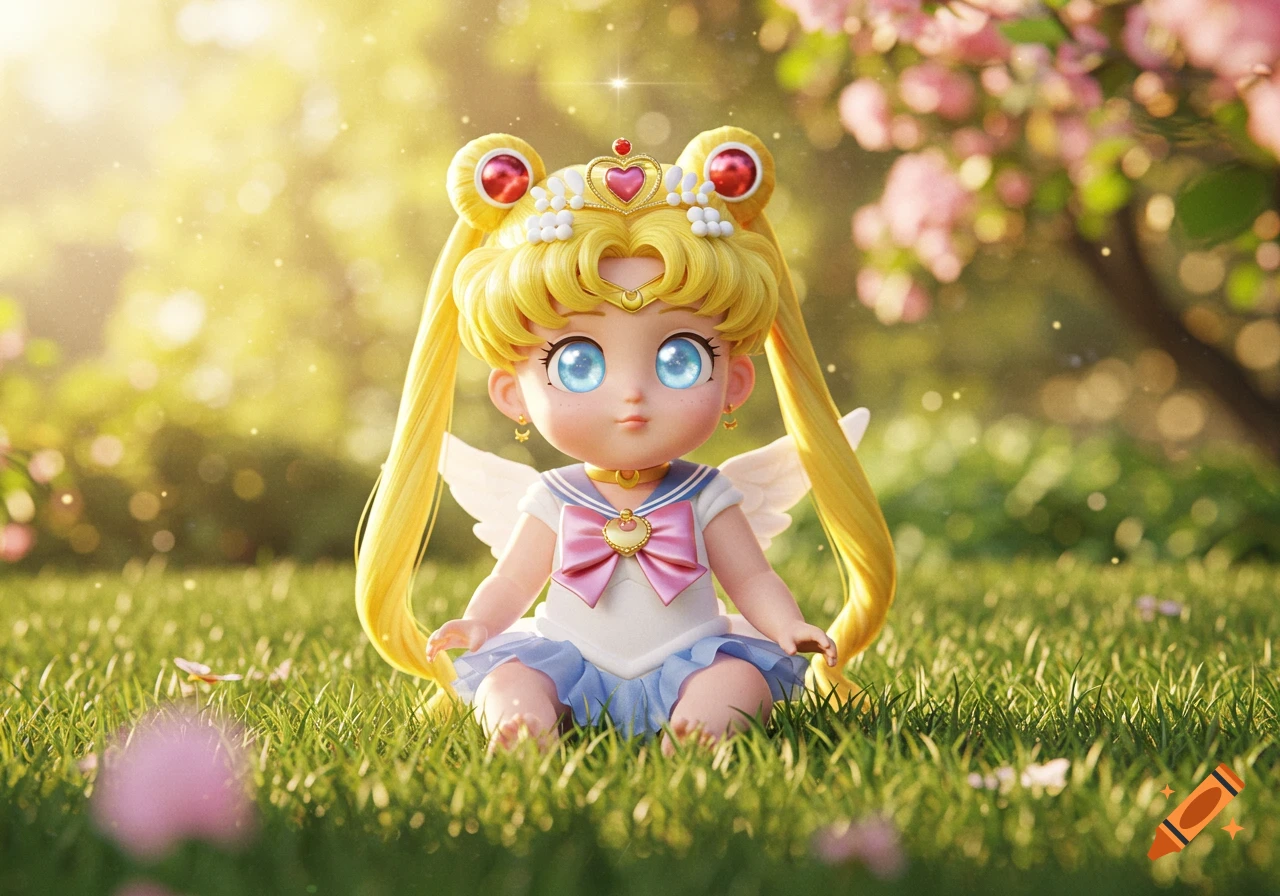 A photorealistic, cute baby Sailor Moon with large blue eyes and blonde pigtails sits in a sunlit green field with pink blossoms.