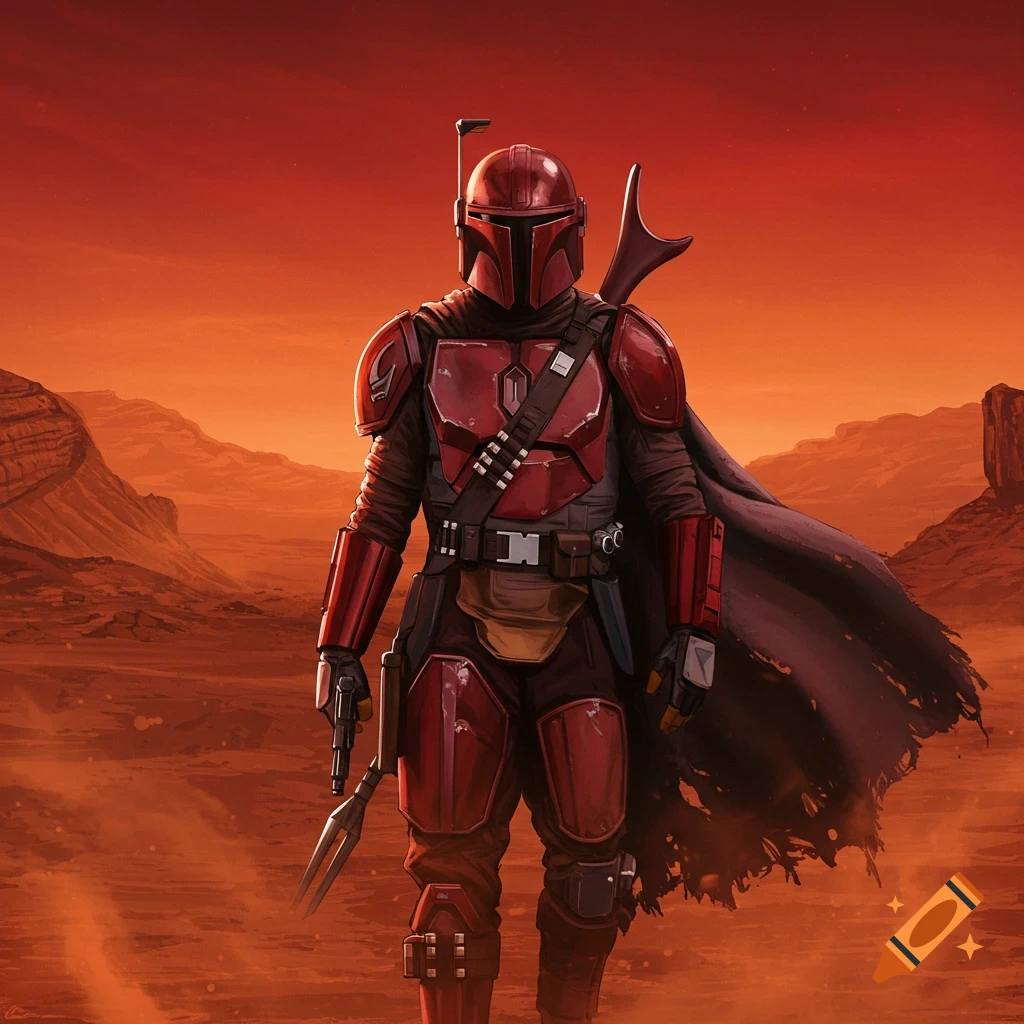 A red armored Mandalorian stands in a vast red desert landscape, holding a blaster and a spear-like weapon.
