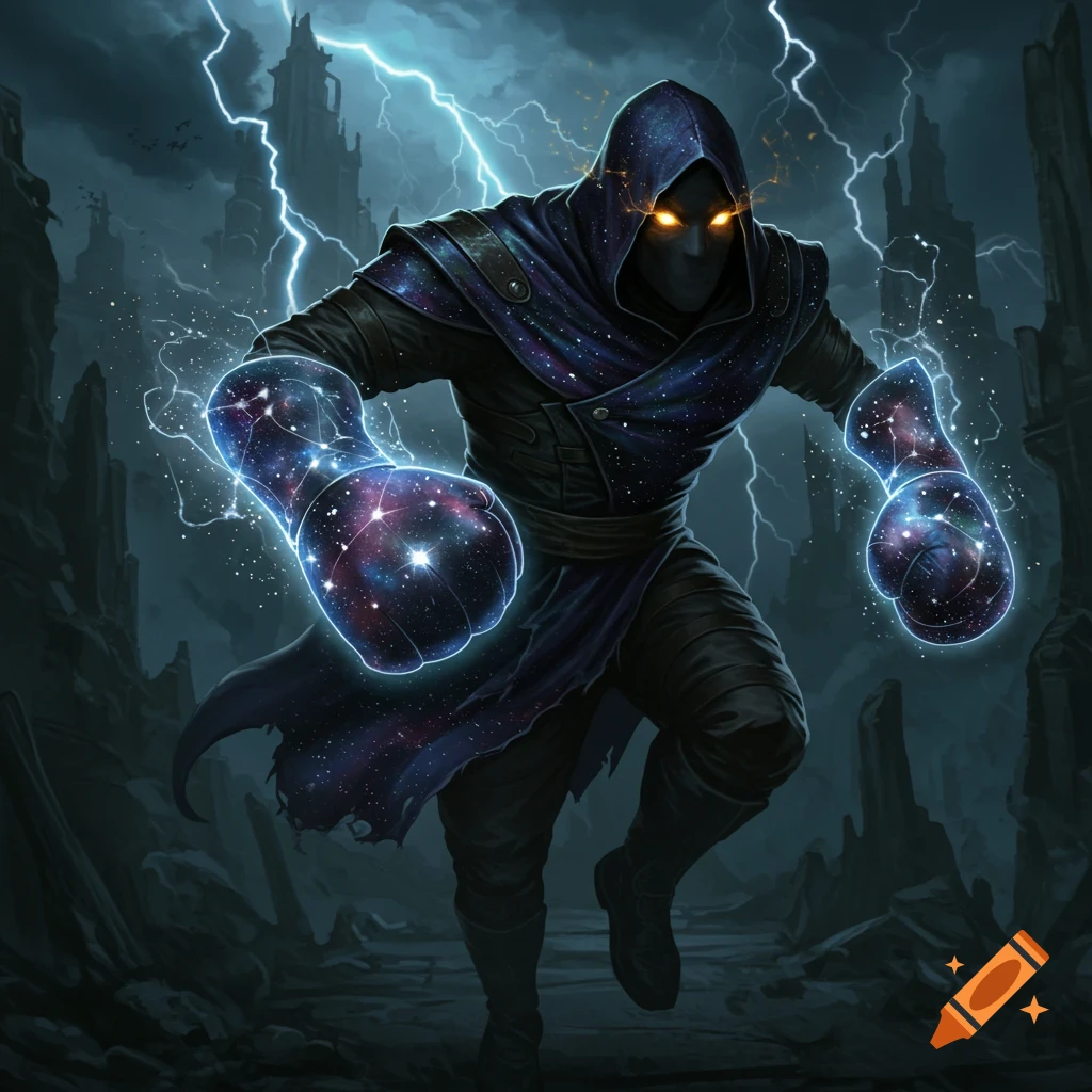 Hooded dark fantasy hero with glowing orange eyes and fists filled with stars, running amidst lightning and ruined castles.