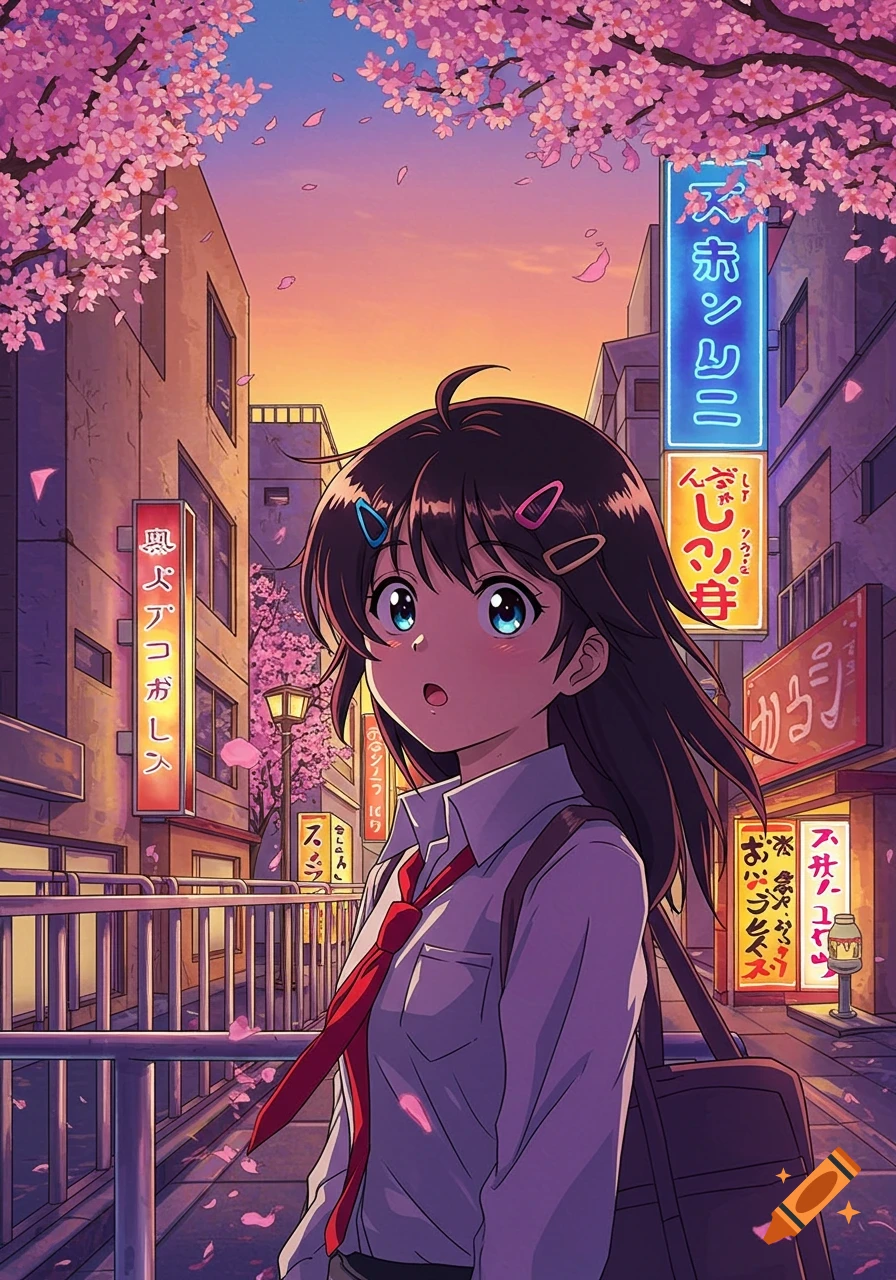 An anime schoolgirl walks down a city street lined with neon signs and cherry blossoms at sunset, looking surprised.