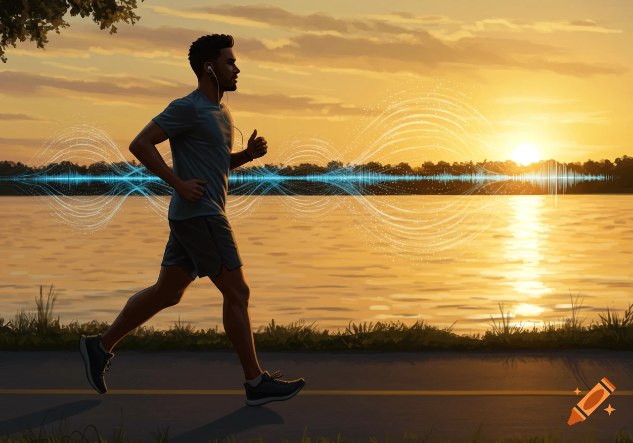 An illustrated man jogs by a lake at sunset, listening to music with glowing sound wave graphics.