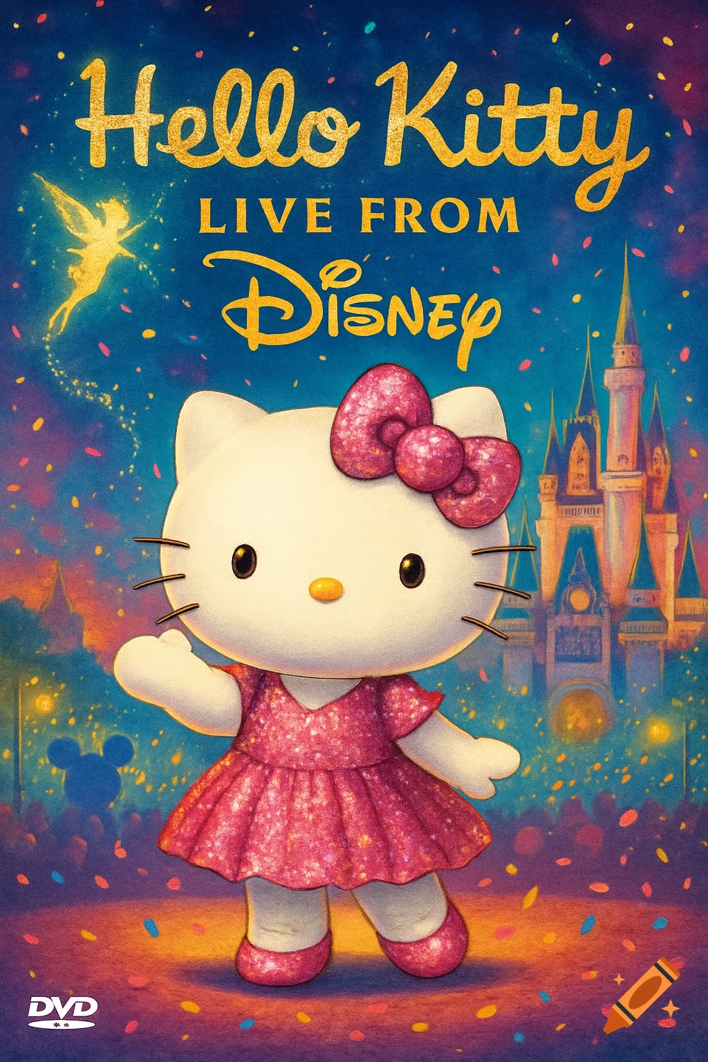 Hello Kitty in a glittery pink dress on a DVD cover for 'Hello Kitty Live from Disney,' with a castle, Tinkerbell, and confetti.