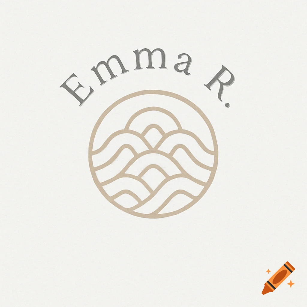 Minimalist logo with 'Emma R.' curved above a circular emblem containing abstract wavy lines on a light textured background.