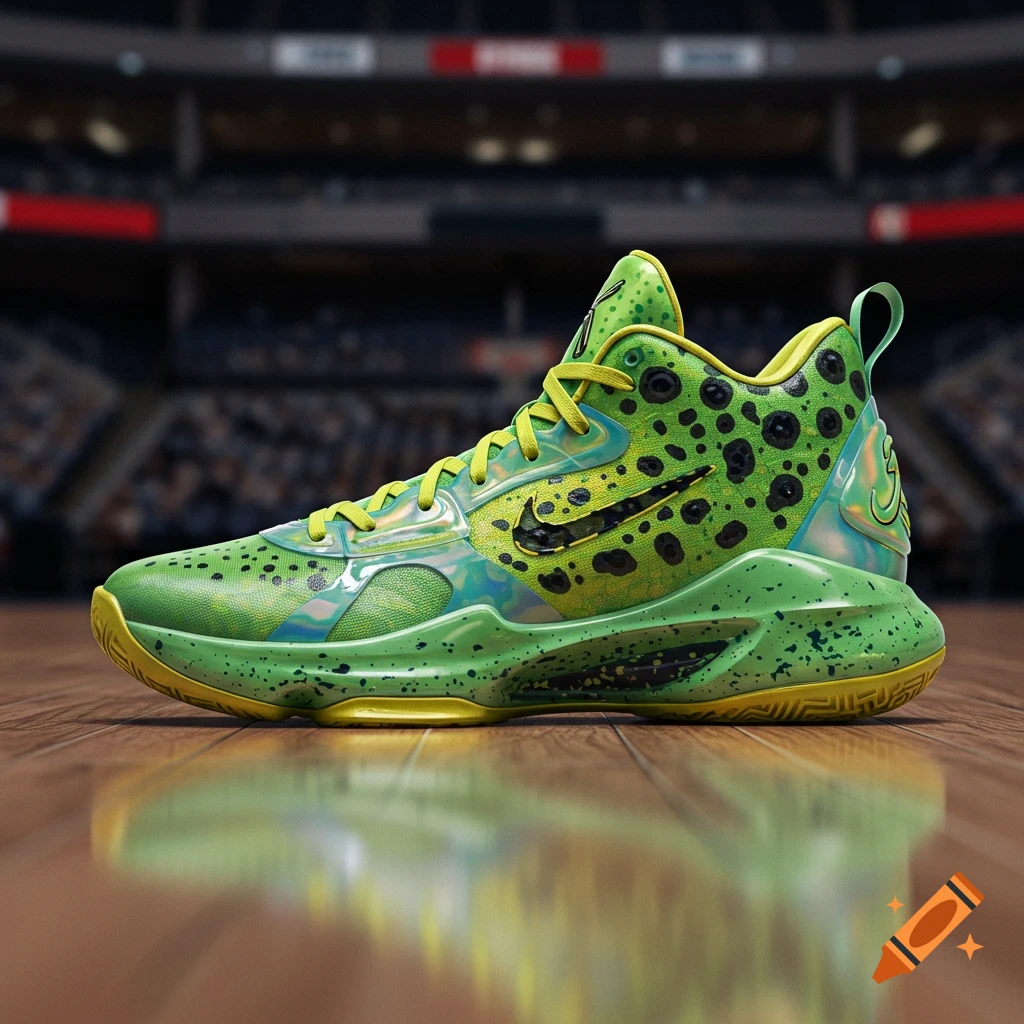 A vibrant green basketball shoe with black spots, yellow laces, and a Nike swoosh on a wooden court floor.