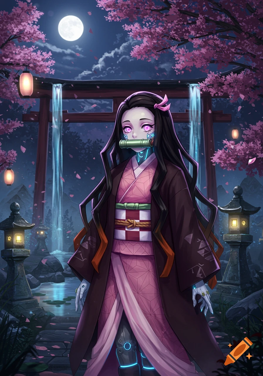 Cyberpunk Nezuko in anime style, with glowing pink eyes and cybernetic enhancements, stands under cherry blossoms and a full moon, with a torii gate and glowing waterfalls in the background.