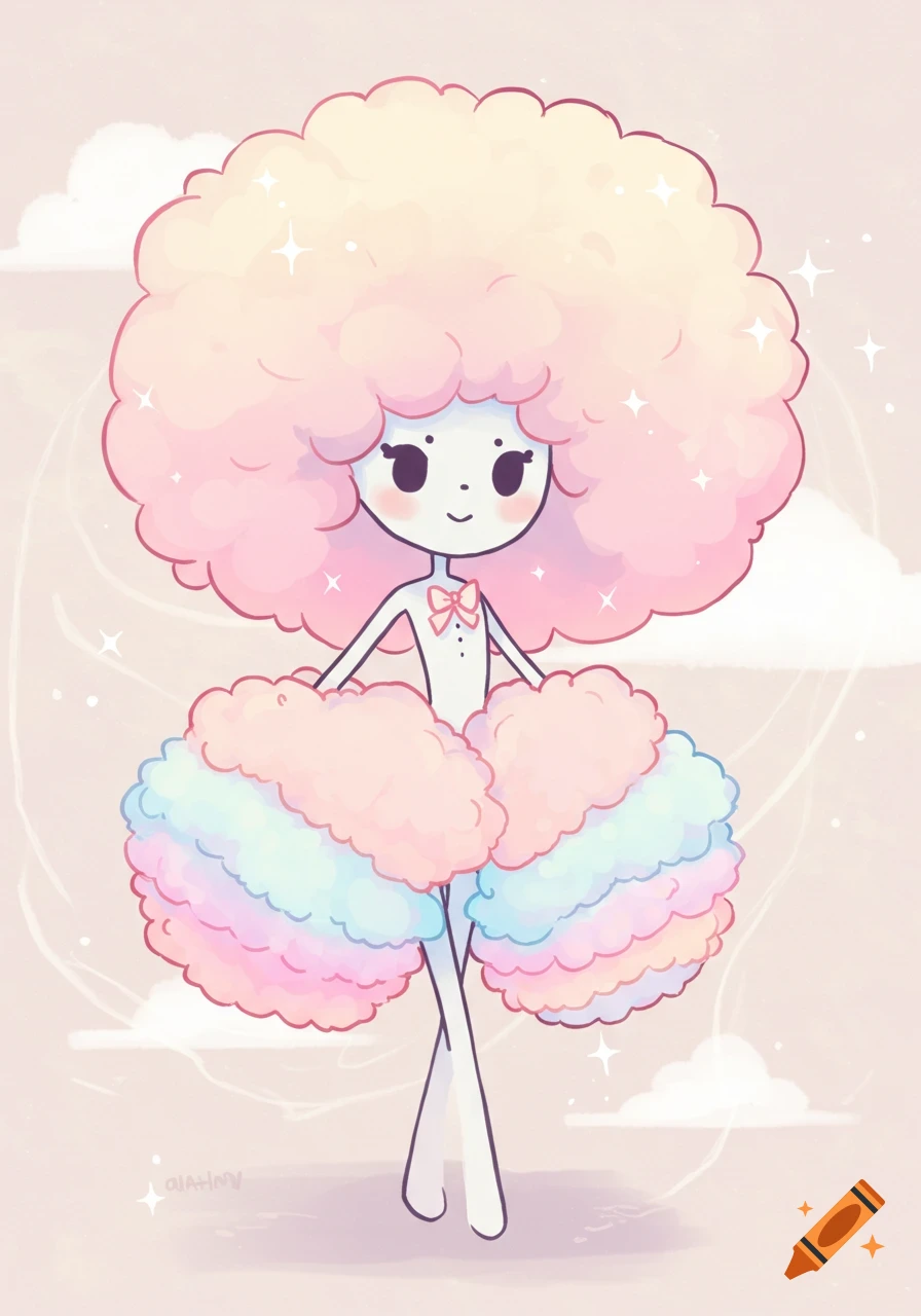 A cute kawaii cartoon character with a fluffy pink and yellow afro and a rainbow-colored frilly cloud skirt, surrounded by sparkles.