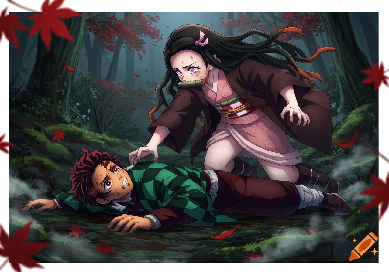 Nezuko cries over an injured Tanjiro lying on the forest floor with red leaves, anime style.