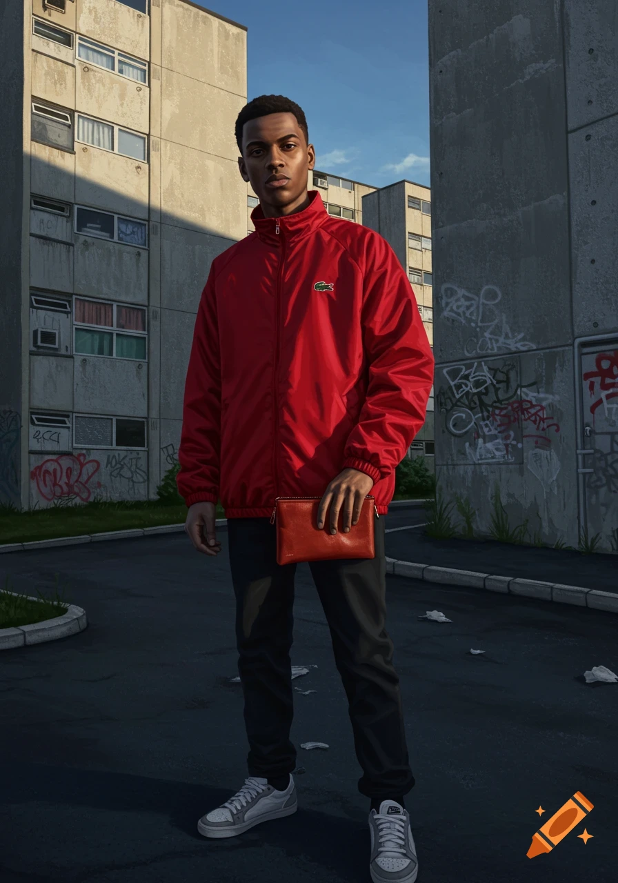 A young man wearing a red Lacoste jacket and dark pants stands in a stark concrete urban environment with graffiti-covered buildings, holding a red clutch bag.
