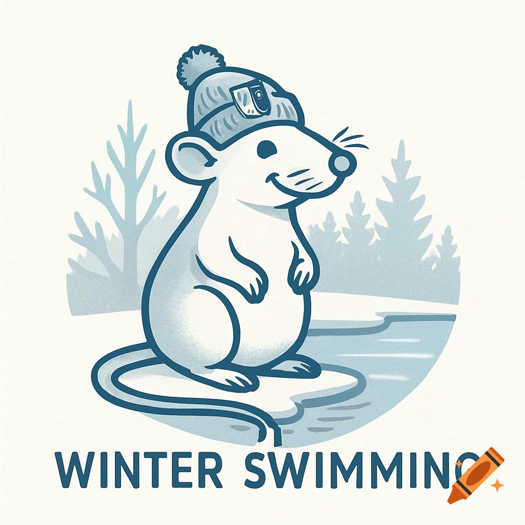 A stylized cartoon logo of a happy white rat wearing a blue winter hat by a frozen lake with trees in the background. The text "WINTER SWIMMING" is below.
