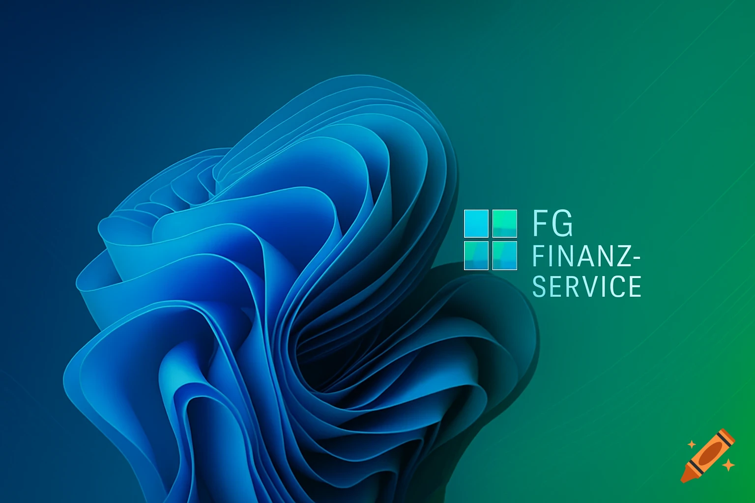 Abstract blue and green Windows 11-style wave on a gradient background with FG FINANZ- SERVICE text and logo.