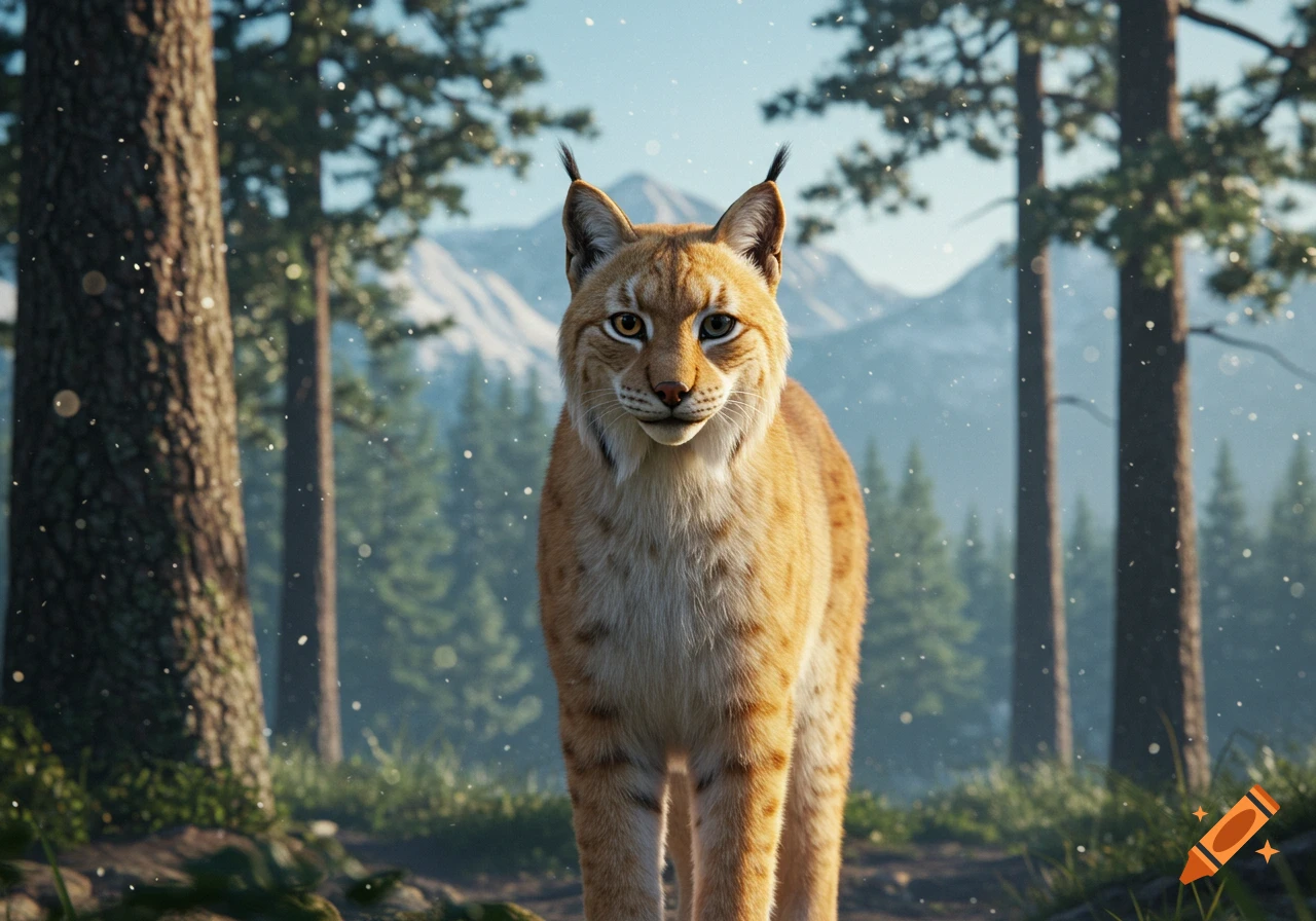 A photorealistic blonde lynx with pointed ears stands in a snowy forest, looking directly at the viewer.