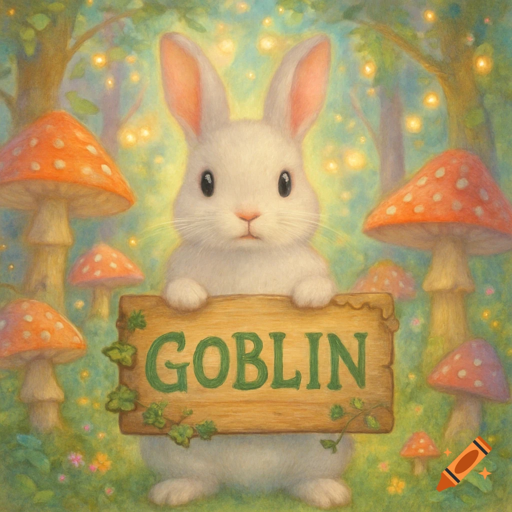 A cute white bunny holding a wooden sign that says GOBLIN in a whimsical forest with spotted mushrooms and glowing lights.