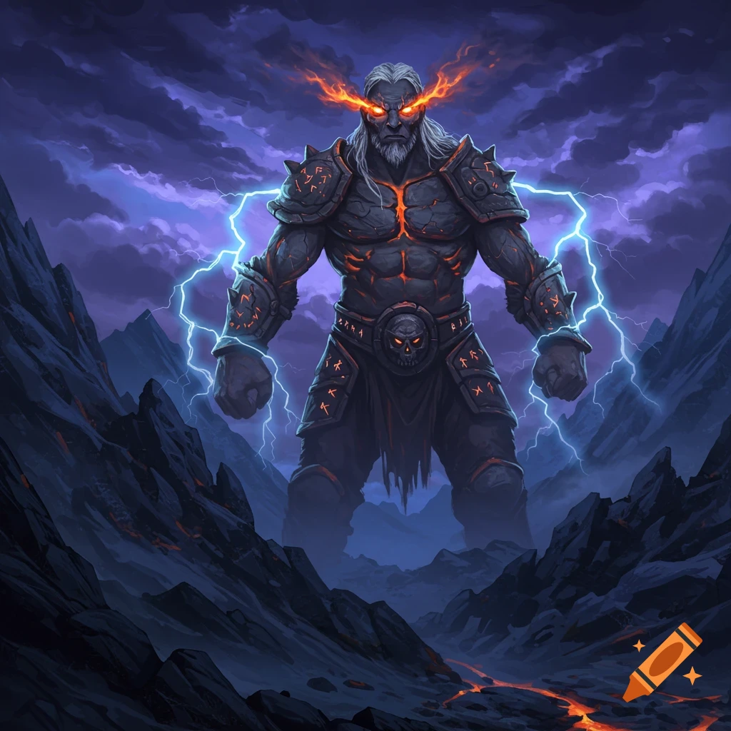 A colossal, grey-skinned monster with fiery eyes and white hair, armored with glowing runes, stands amidst mountains with lightning and lava.