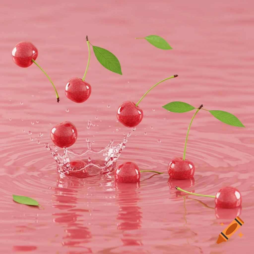 Red cherries with green leaves falling into pink liquid, creating splashes and ripples, in a detailed 3D render style.