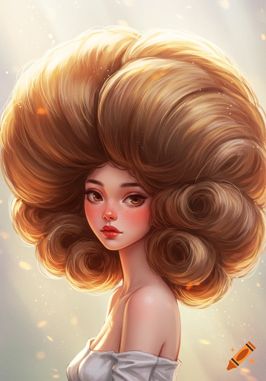 A stylized portrait of a young woman with a huge, voluminous, rounded golden-brown hairstyle, glowing against a soft background.