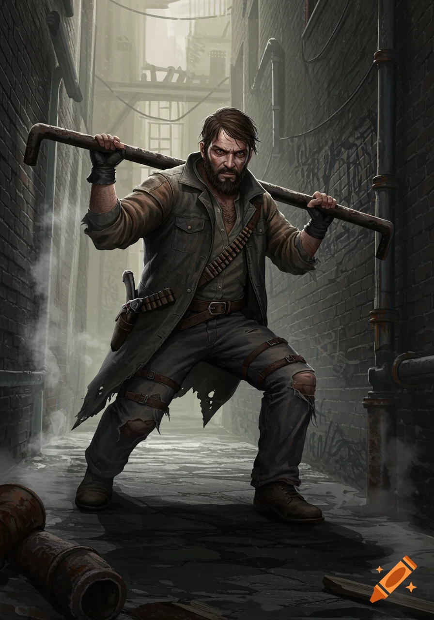A rugged bandit with a beard and torn clothing, holding a metal bar over his shoulders, stands in a dark, gritty alleyway.